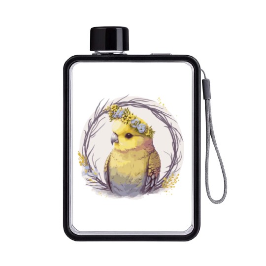 Cute Yellow Budgie Parakeet Bird Flower Crown Pet Flat Water Bottles
