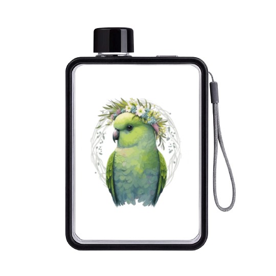 Cute Green Budgie Parakeet Bird Flower Crown Pet B Flat Water Bottles