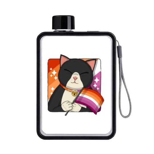 Cute Tuxedo Cat Holding Lesbian Pride Flag Flat Water Bottles