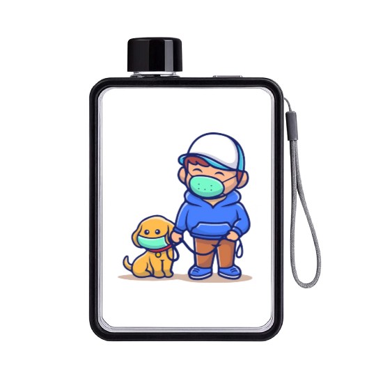 people with dog wear mask illustration corona Flat Water Bottles