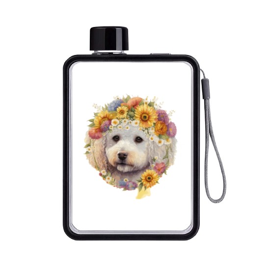 Watercolor Bichon Frise Sunflower Dog Breed Pet Pu Flat Water Bottles