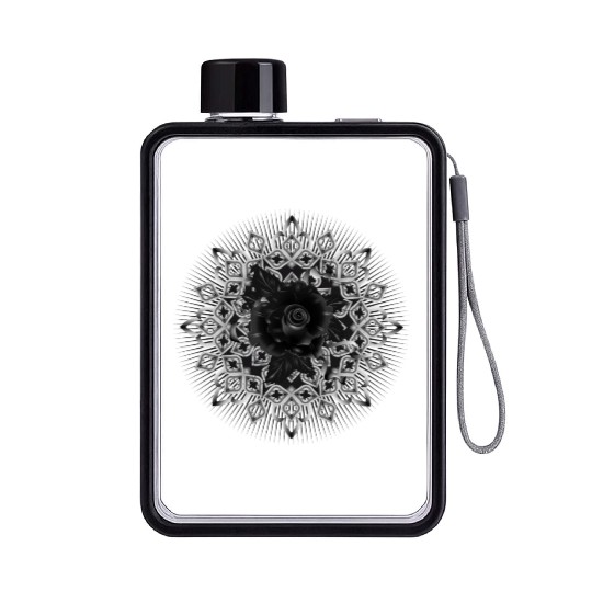 Gothic rosette ornament with black rose Flat Water Bottles