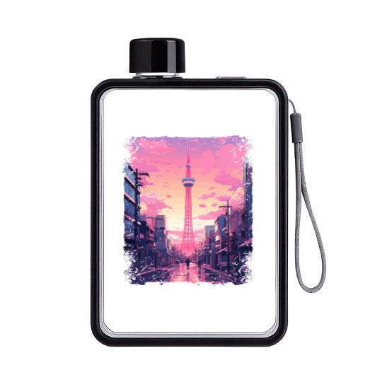Aesthetic Vaporwave Skytree Tokyo Japanese Sight Flat Water Bottles