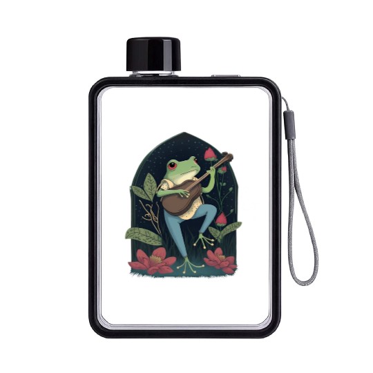 Cottagecore Aesthetic Frog Playing Banjo Flat Water Bottles