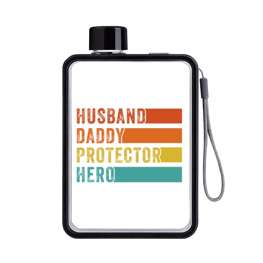 Retro Husband Daddy Protector Hero Fathers day Flat Water Bottles