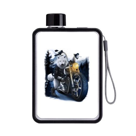 Wolf Riding Chopper Motorcycle In Full Moon Flat Water Bottles