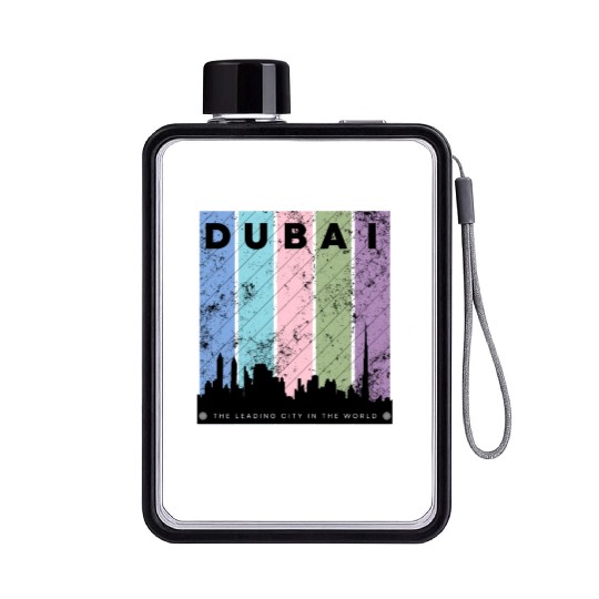 Black Colorful Dubai The Leading City in the World Flat Water Bottles