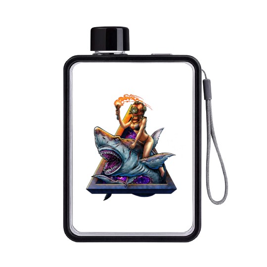 Diver girl retro and angry shark #2 Flat Water Bottles