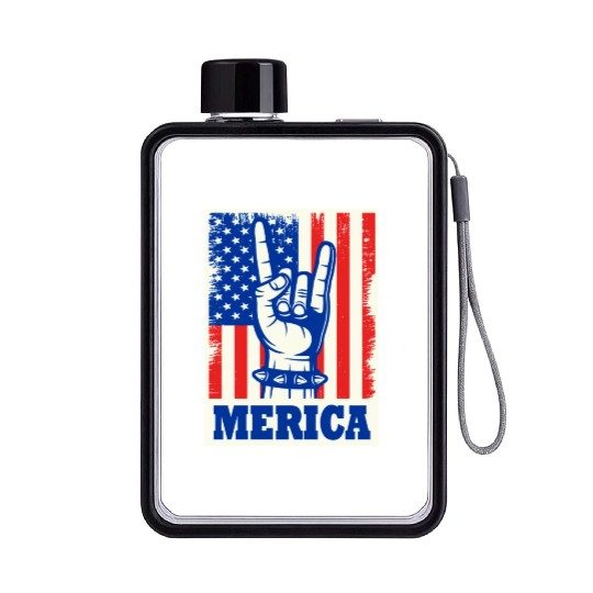 Merica Rock Usa Flag July 4th Flat Water Bottles