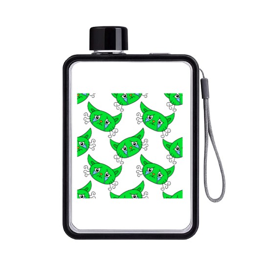 Cute Little Green Cat Faces Flat Water Bottles