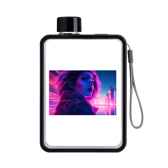 Synthwave Girl - Futuristic Design neon colors Flat Water Bottles