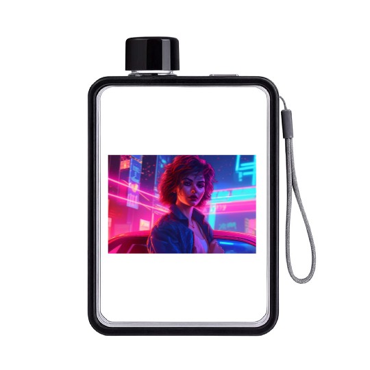 Synthwave Girl - Anime Portrait in Neon Colors Flat Water Bottles