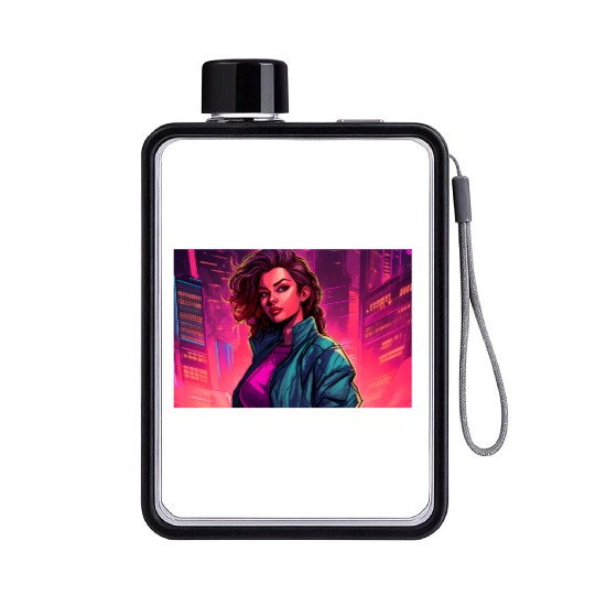 Girl in front of a Neon Pink Cityscape Flat Water Bottles