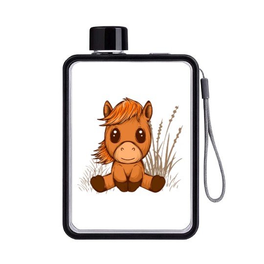 kawaii cute chibi horse Flat Water Bottles