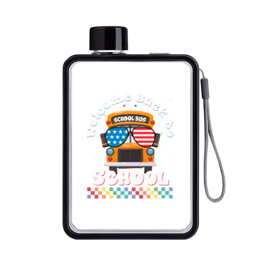 Welcome Back to School Funny School Bus w Vintage Flat Water Bottles