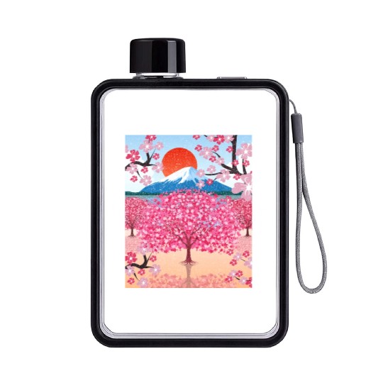 Sunset Sakura Mountains Gift Cherry Blossoms Flat Water Bottles