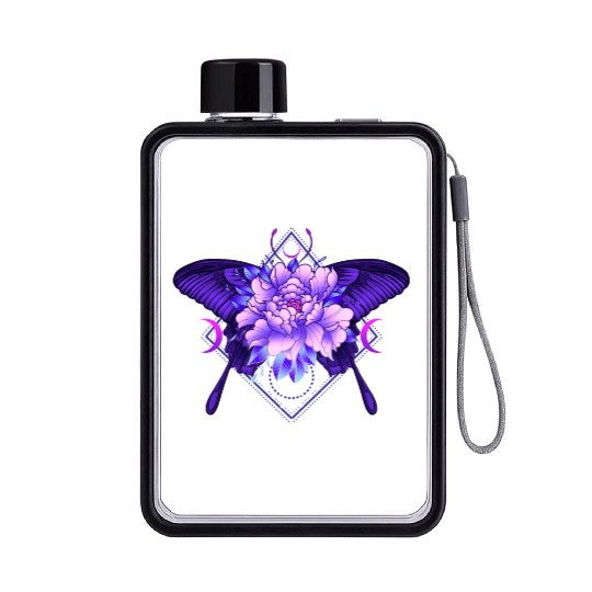 Peony Butterfly geometric tattoo Flat Water Bottles