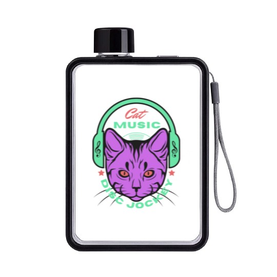 Cat Music Disc Joky 90s Music Lover Dj Flat Water Bottles
