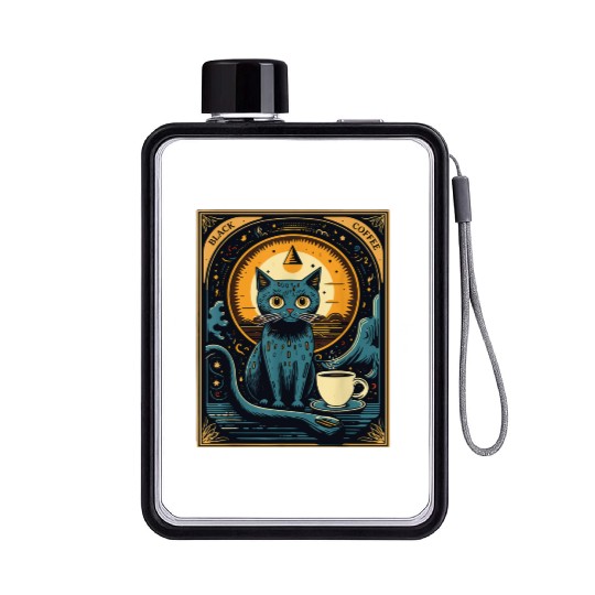 Black Coffee Cat Tarot Card Occult Flat Water Bottles