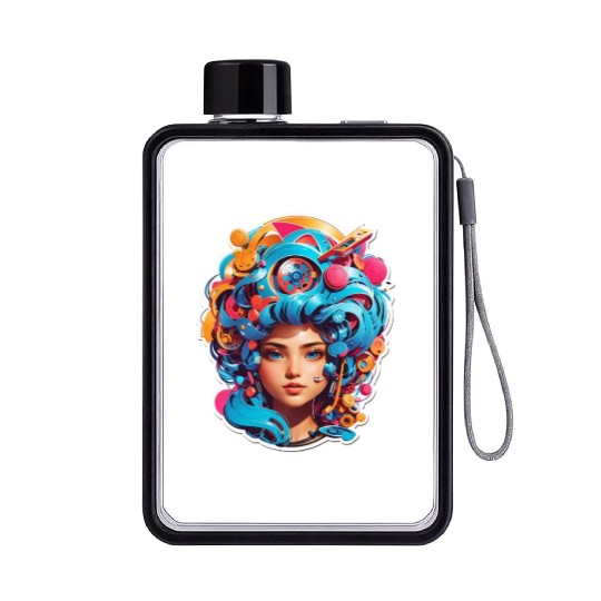 Psychedelic girl with multi color hair. futuristic Flat Water Bottles