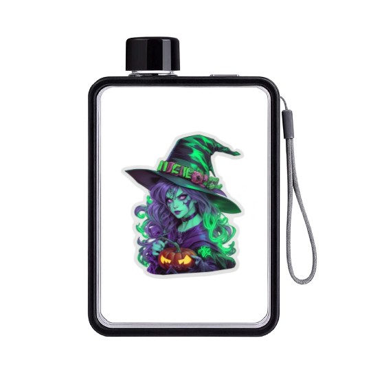 Wicked Witch Halloween Sticker, neon color Flat Water Bottles