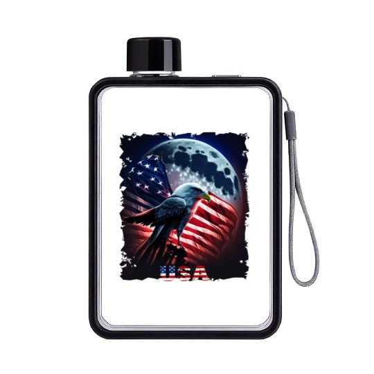 America eagle under Moon with American Flag Flat Water Bottles