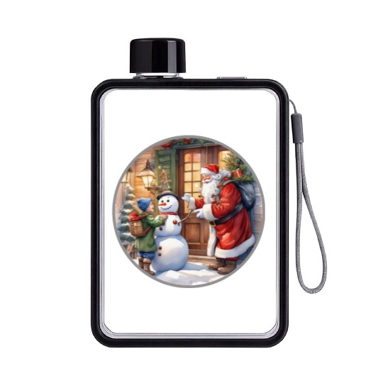 Santa Claus and a snowman distributes gifts. Flat Water Bottles