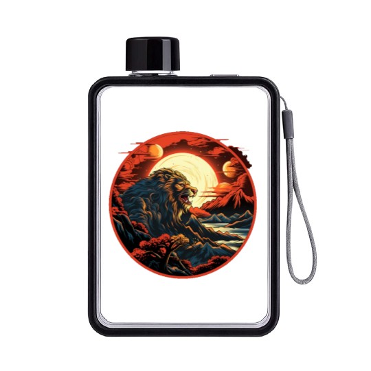 Red Japanese Style Mountain Lion Art Flat Water Bottles