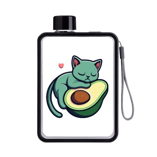 Green Cat Sleeping On An Avocado With Heart Flat Water Bottles