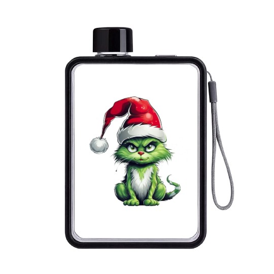 Green Christmas Cat Flat Water Bottles
