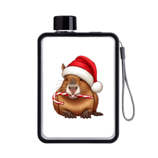 Festive capybara with candy cane Flat Water Bottles