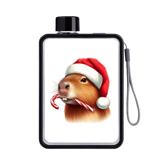 Festive capybara with candy cane Flat Water Bottles