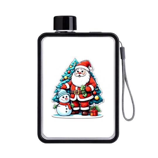 Santa Claus with Snowman and Decorated. Flat Water Bottles