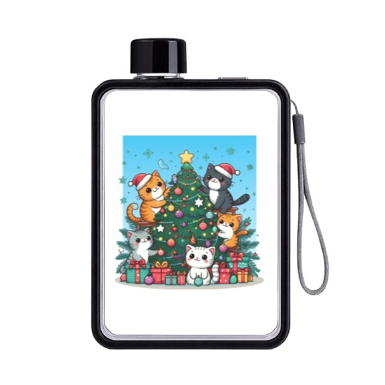 Kittens decorate a Christmas tree Flat Water Bottles