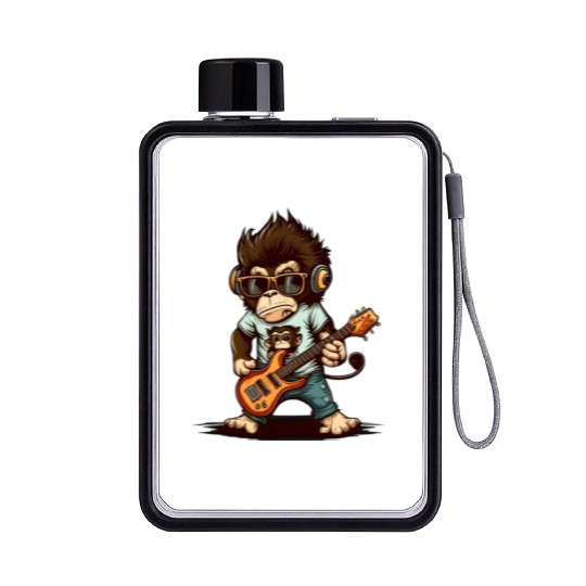 Monkey Chimpanzee Playing Acousitc Rock Guitar Flat Water Bottles