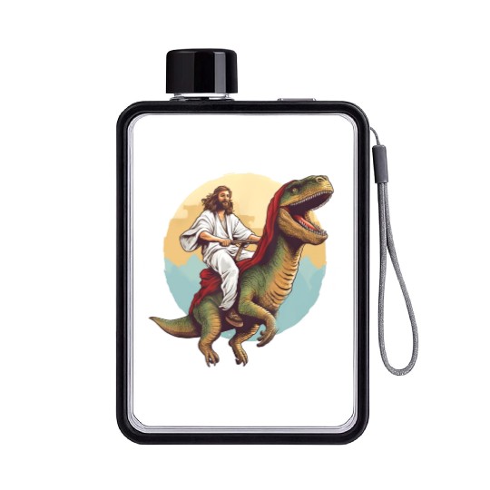 Jesus Riding a Dinosaur Meme Dino Lover Flat Water Bottles