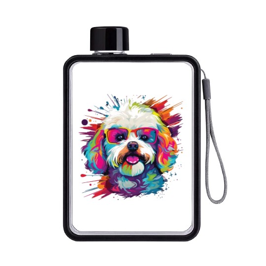 Watercolor Colorful Bichon Frise Flat Water Bottles