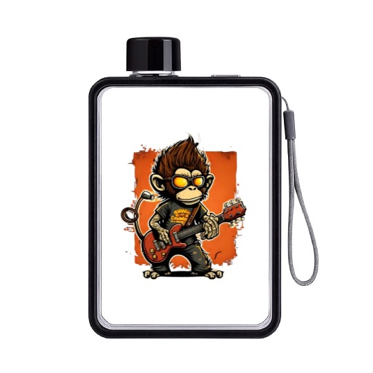 Monkey Chimpanzee Playing Acousitc Rock Guitar Flat Water Bottles