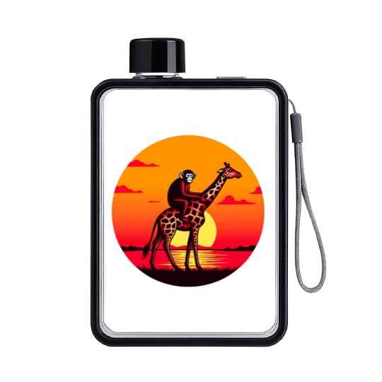 Sunset Safari: Monkey Riding Giraffe Flat Water Bottles