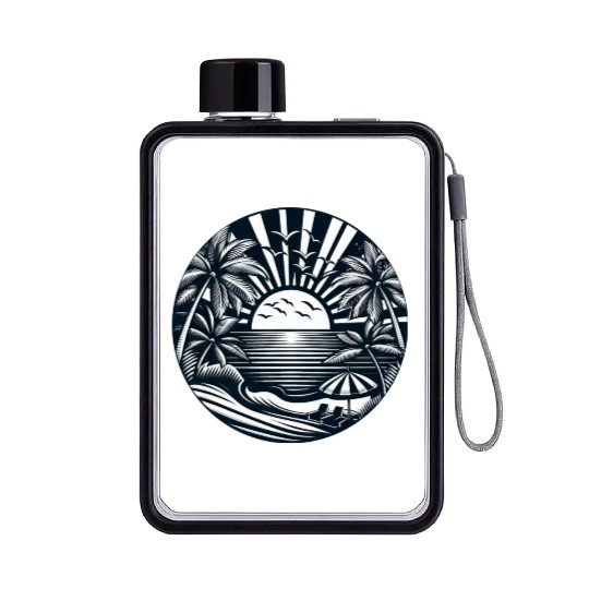 Vacation summer sun beach palms silhouette Flat Water Bottles