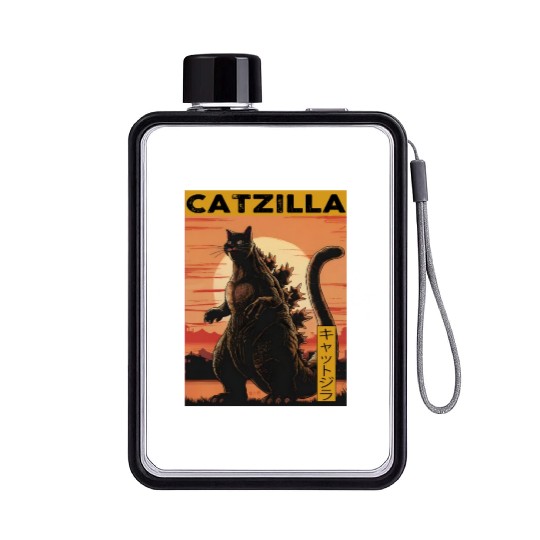 Catzilla Vintage Funny Cute Cat Art Japanese Sunse Flat Water Bottles