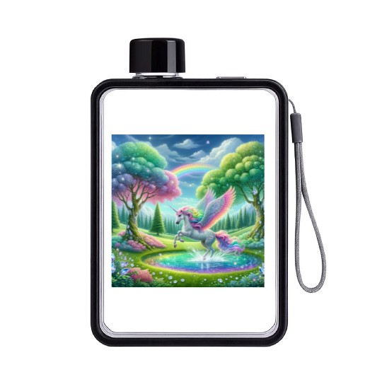 Enchanted Rainbow Unicorn Over Sparkling Pond Flat Water Bottles