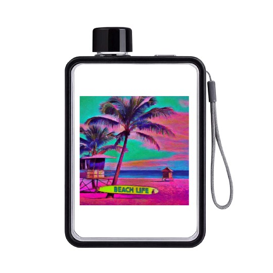 Neon Beach Life Scene 90's Vibes - Surfboard, Sand Flat Water Bottles