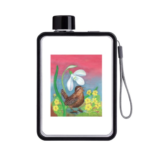 White Snowdrop & Wren Bird in Spring Illustration Flat Water Bottles