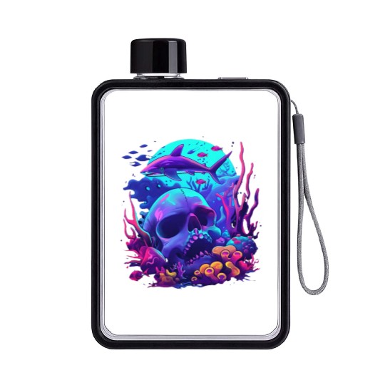 Neon Blue Skull and Shark Flat Water Bottles