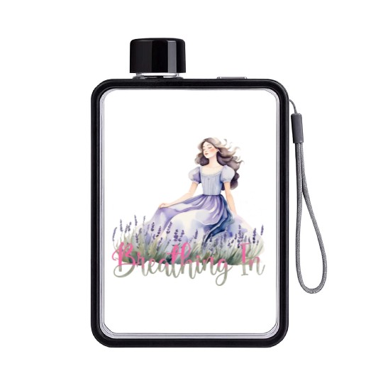 Girl in Lavender Dress Relaxing in Flower Field Flat Water Bottles