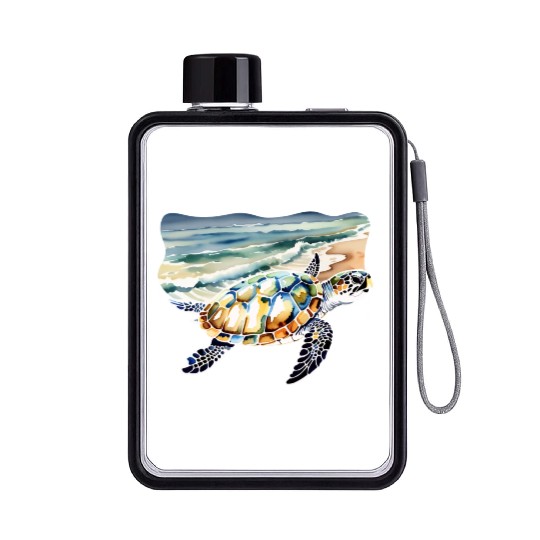 Sea Turtle at the Beach in Watercolor Flat Water Bottles