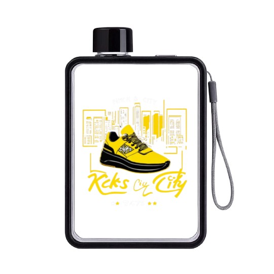 Yellow and black shoe with a cityscape background Flat Water Bottles