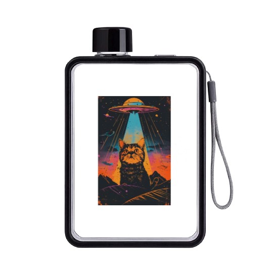 Catzilla Vintage Funny Cute Cat Art Alien and Cat Flat Water Bottles