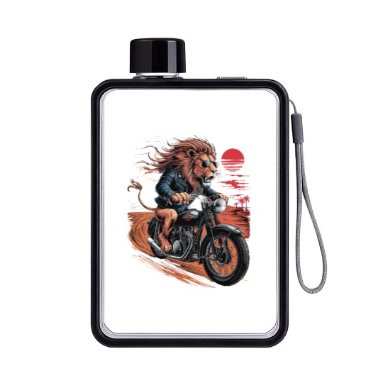 Cool Lion Riding Motorcycle Graphic for Biker Flat Water Bottles